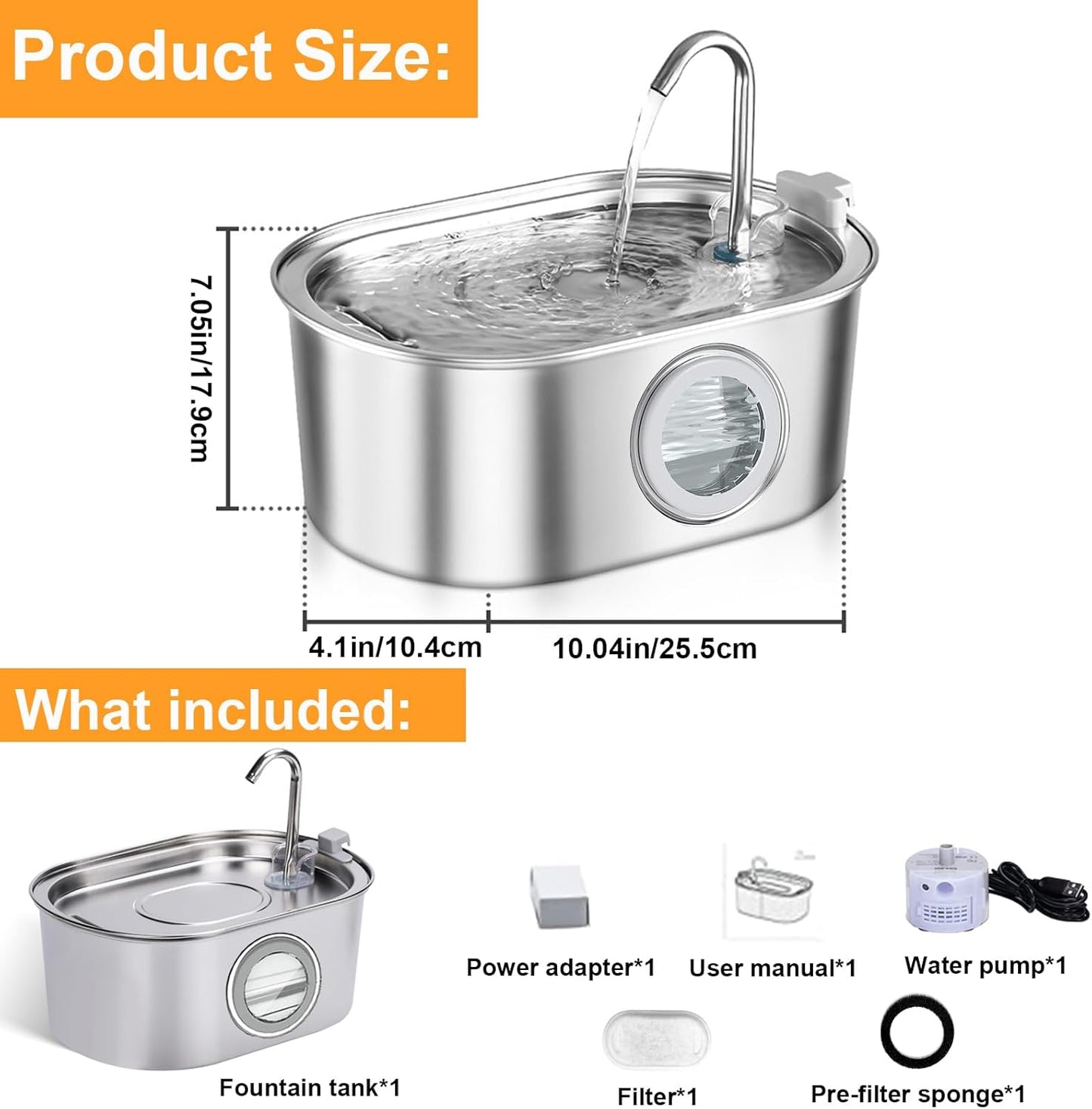 Cat Water Fountain 3.2L/108oz with Quiet Pump, Automatic Stainless Steel Pet Water Fountain for Cats Dogs(Transparent Window)