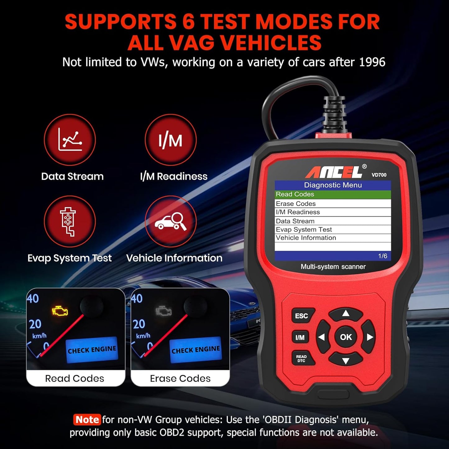 ANCEL VD700 Full Systems OBD2 Scanner Diagnostic Tool for Volkswagen VW Audi Skoda Seat, ABS Transmission SRS System Faults Diagnosis for VAG Vehicles with Battery Registration, DPF Oil EPB TPMS Reset