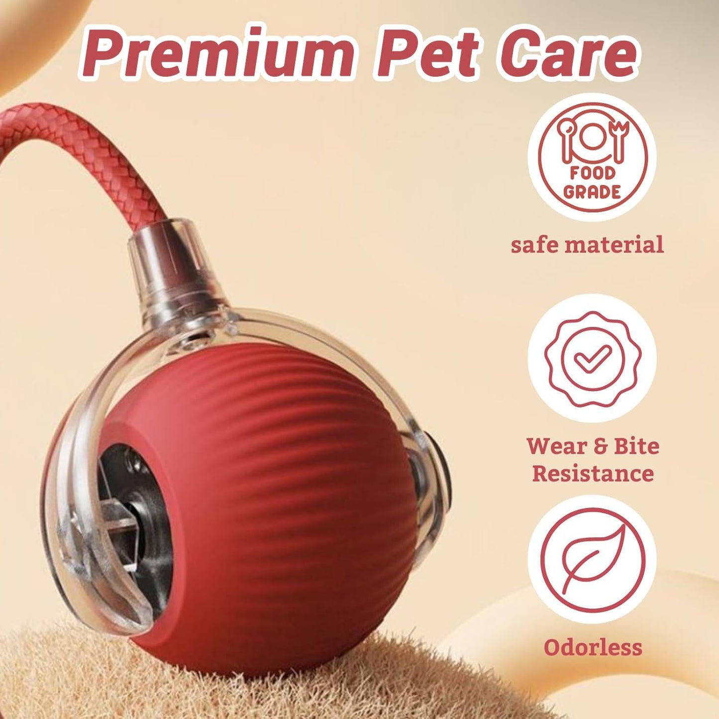 Interactive Electric Automatic Rolling Moving USB Rechargeable Self Activated Play Stimulation Toy Smart Chase Teaser Ball with Rope for Bored Adult Indoor Kitten & Cat and Puppy & Dog, Red