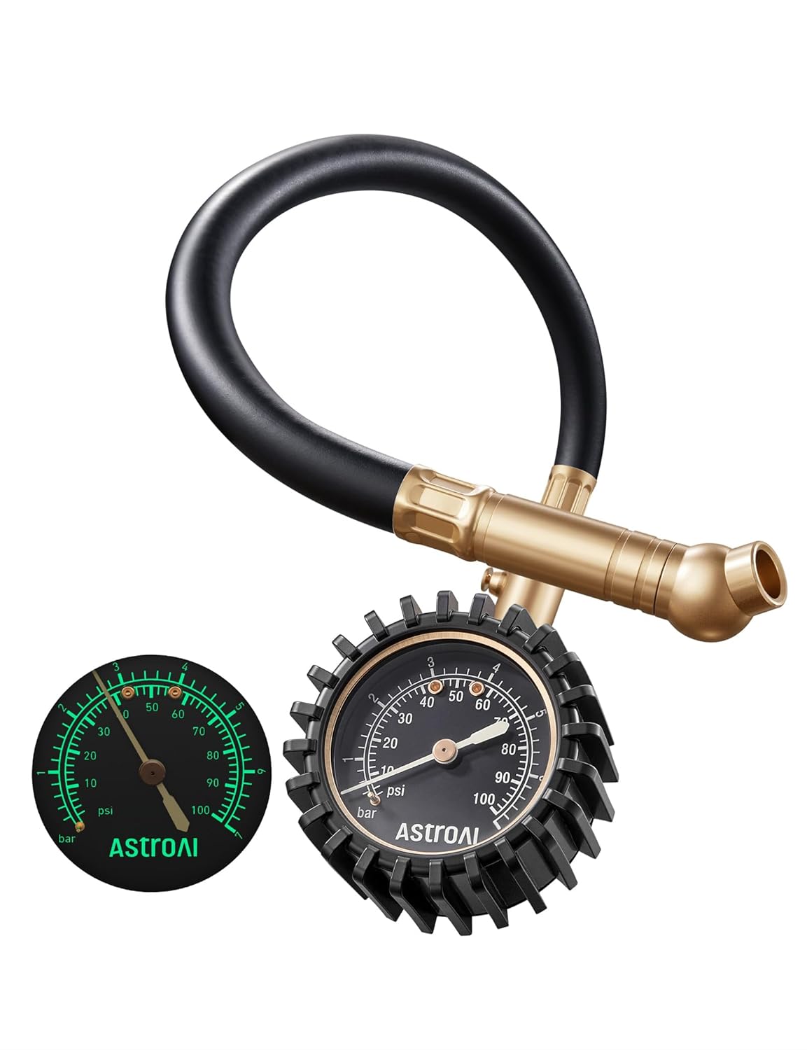AstroAI Tire Pressure Gauge, 100 PSI Heavy Duty, Certified ANSI B40.1 Accurate with Large 2" Easy to Read Glow Dial, Durable Rubber Hose and Solid Brass Construction for Car Truck Motorcycle Tire
