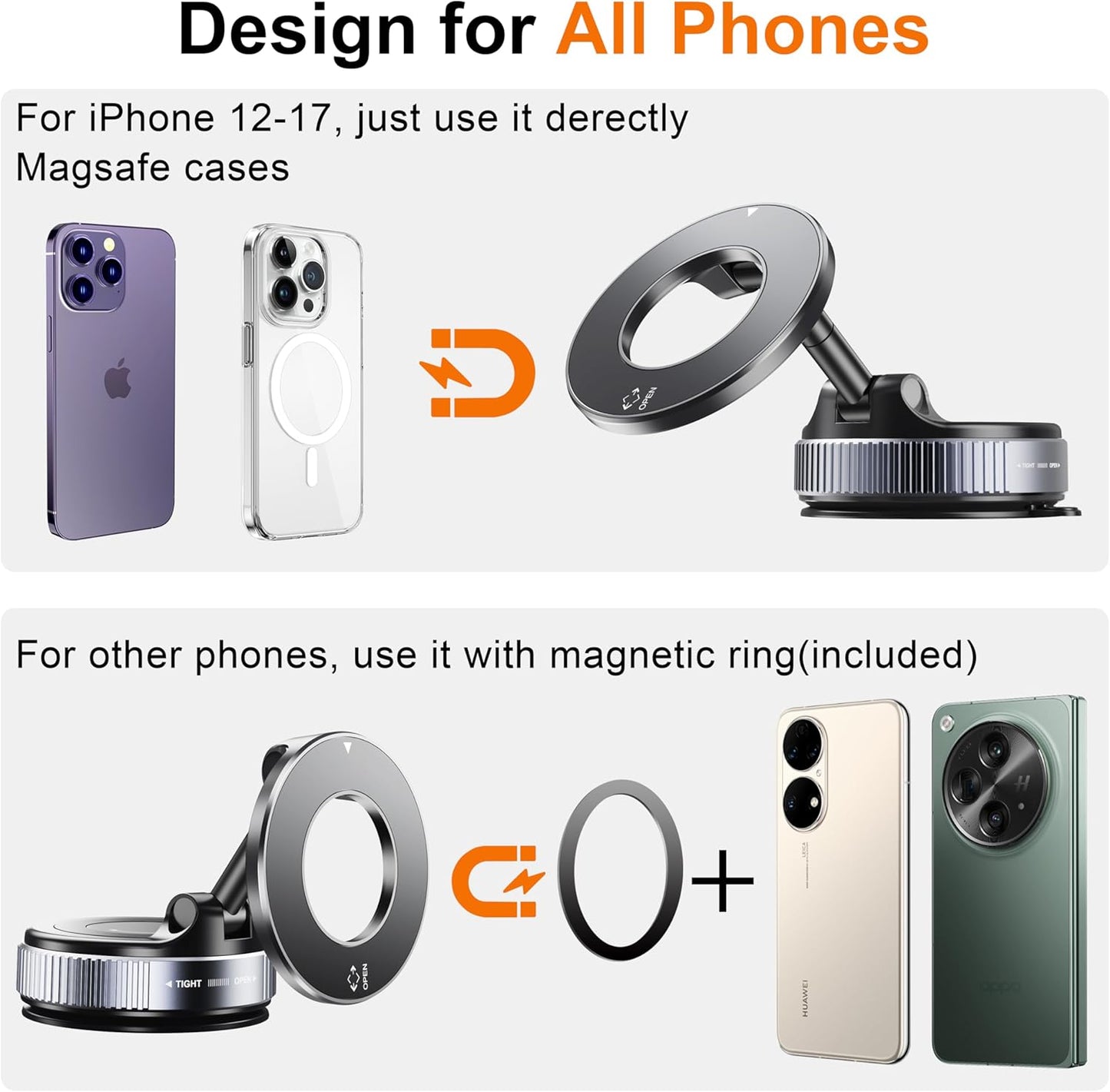 Car Phone Holder for Magsafe - 360° Adjustable Magnetic Suction Cup Phone Mount for iPhone 17 16 15 14 13 12 Series, Dashboard & Windshield