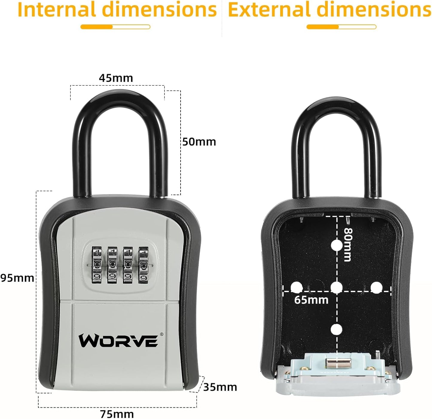 Worve Key Lock Box,Lock Box for House Key, 4-Digit Combination Security Lockbox, Portable Wall Mounted Storage Lock Box for Home, Office, Apartment Spare Key Storage (1 Pack, Black)
