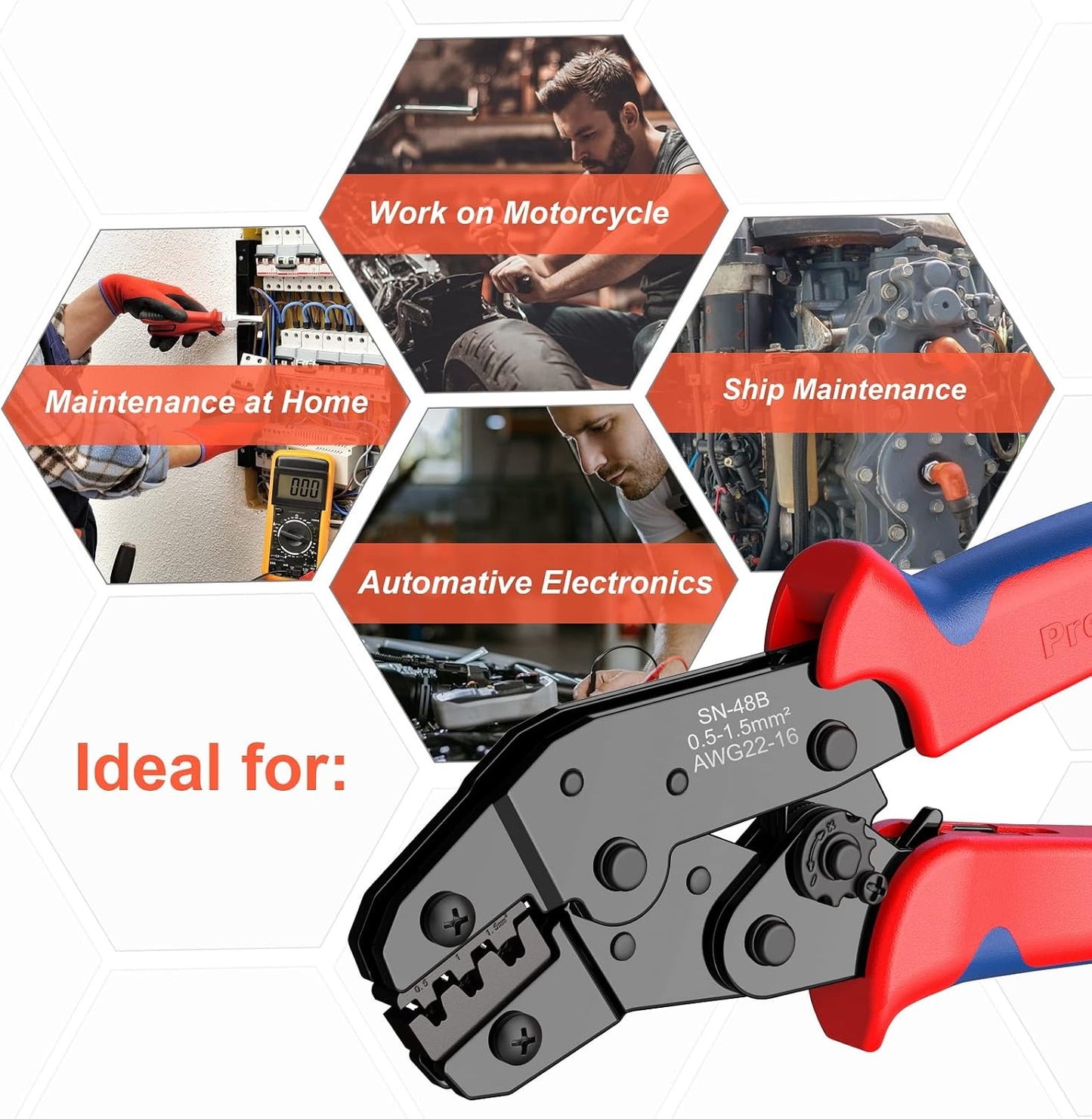 Preciva Ratchet Cable Crimping Tool Kit for Spade Connectors, 0.5-1.5mm²/AWG22-16, Electrical Flat Receptacles Plier With 600pcs Brass Lug Set