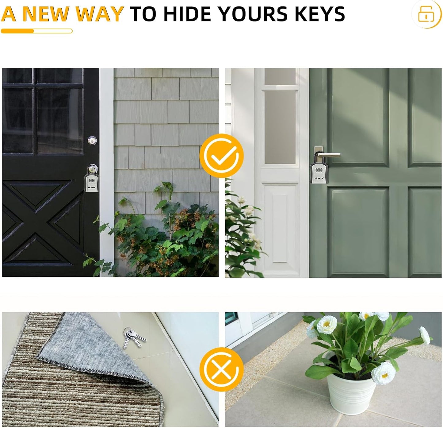 Worve Key Lock Box,Lock Box for House Key, 4-Digit Combination Security Lockbox, Portable Wall Mounted Storage Lock Box for Home, Office, Apartment Spare Key Storage (1 Pack, Black)