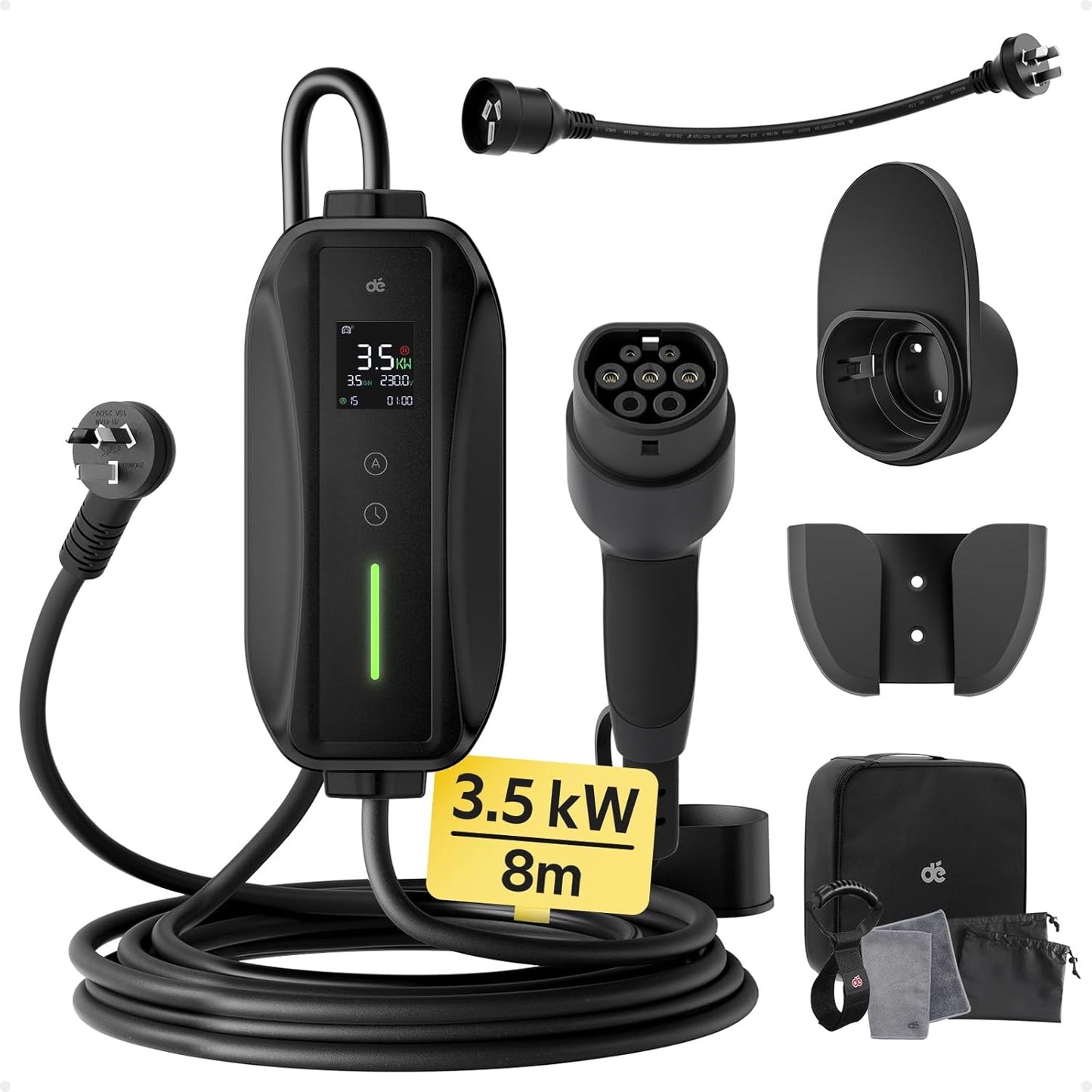 dé EV Charger Type 2 8M [3.5 kW, 10A to 15A Adapter] Portable EV Charger with Australian 15A EV Charging Cable, Compatible with Model Y/3, BYD/MG/Polestar/Kia and Other PHEV/BEV