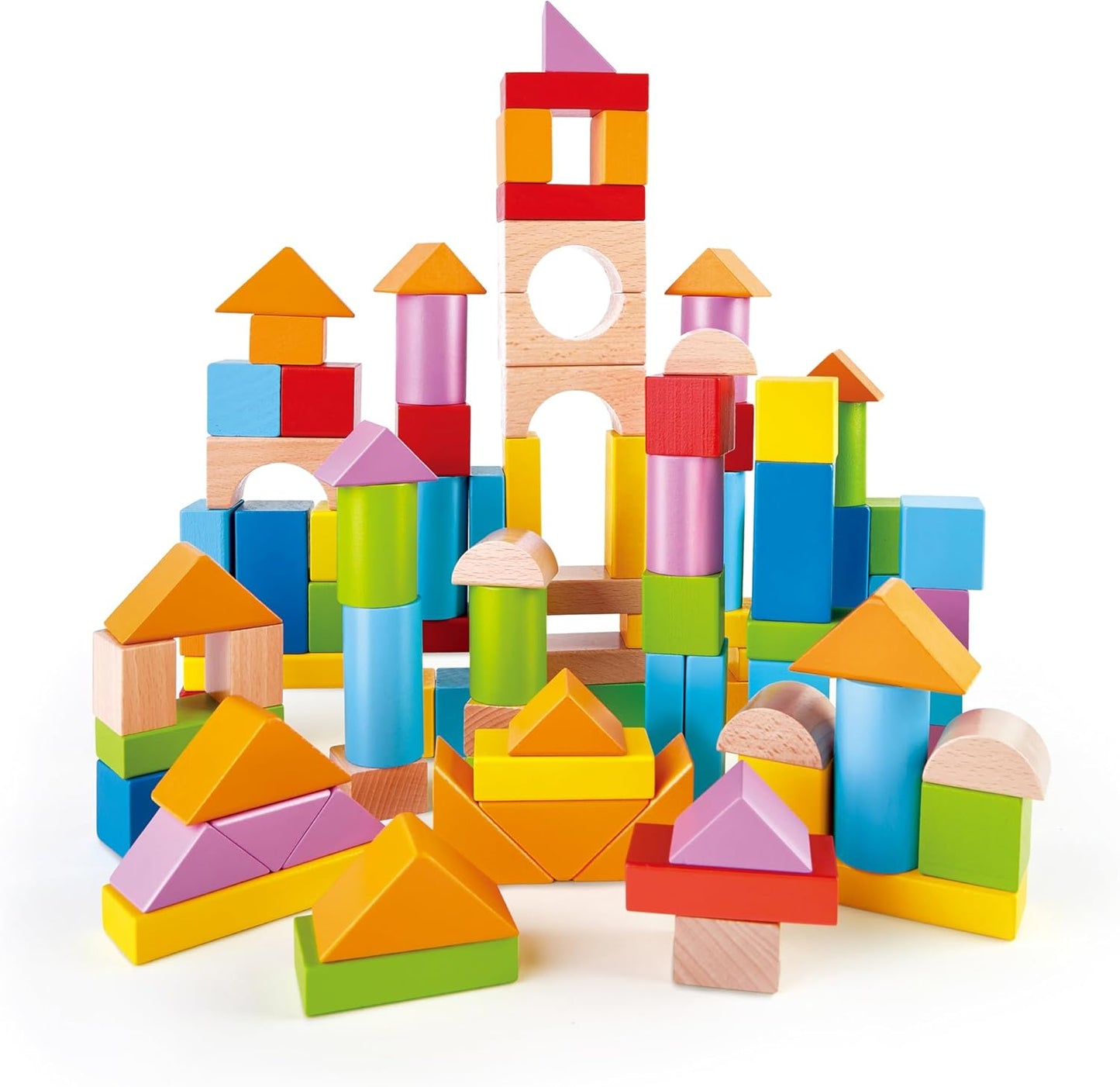 Hape Educational Wooden Beech Blocks Set – 101-Piece Toy for Babies and Toddlers 12+ Months – Shape, Colour and Creativity Development – Includes Sorting Lid and Storage Box