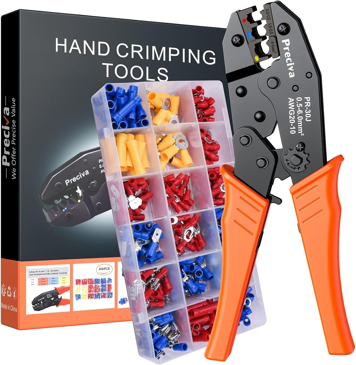 Preciva Crimping Pliers and Cable Lugs Set With 350 Pieces, Electrical Connector Crimp Connector Assortment 0.5-6 mm² for Insulated Cable Lugs