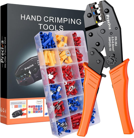 Preciva Crimping Pliers and Cable Lugs Set With 350 Pieces, Electrical Connector Crimp Connector Assortment 0.5-6 mm² for Insulated Cable Lugs