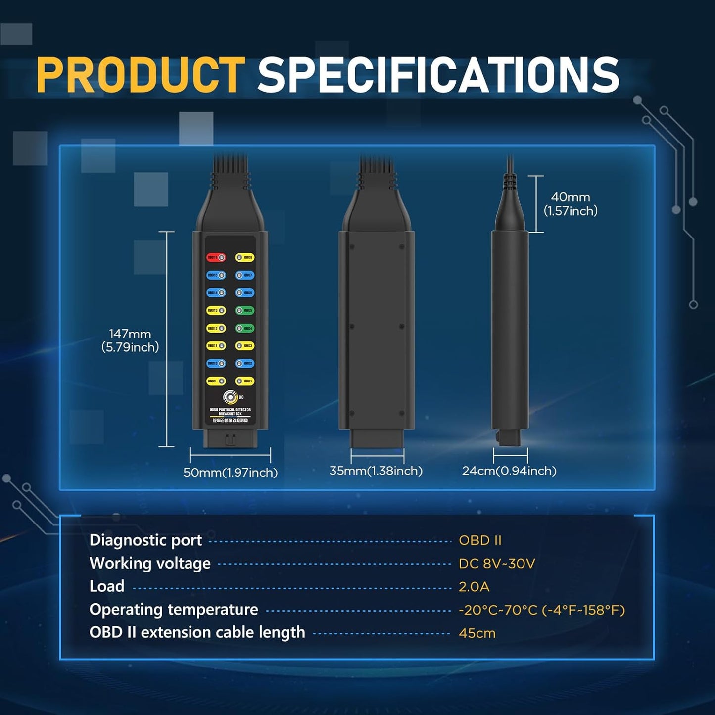 OBD2 Breakout Box, Automotive OBDII Protocol Detector Communication/Power/Ground Detection Breakout Box 16-Pin CAN 17.7 inches Cable Fault Diagnosis Scan Tool with Universal Wire Jumper and Clips