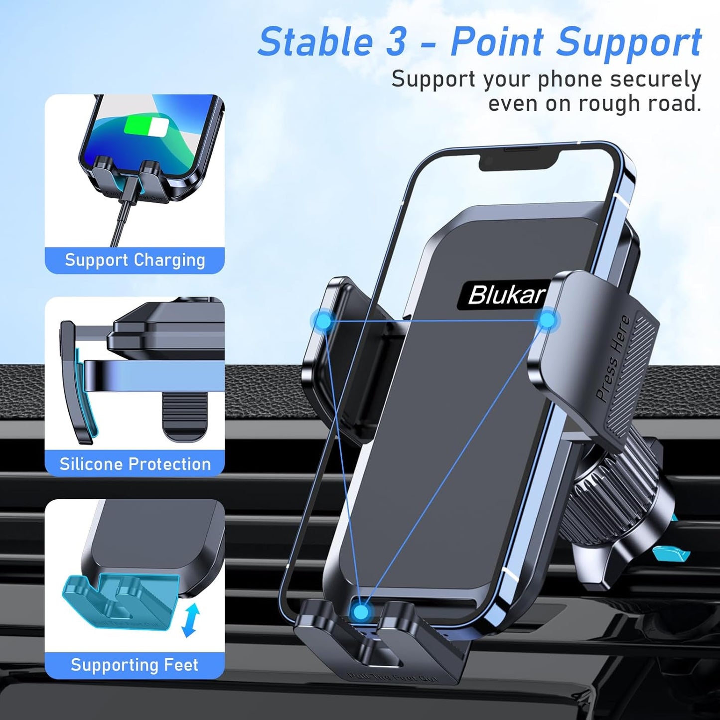 Blukar Car Phone Holder, Air Vent Car Phone Mount Cradle for Car 360° Rotation [Upgraded Ultra Stable Hook Clip] - One Button Release Function for iPhone, Galaxy All 4.0''-7.0'' Phones