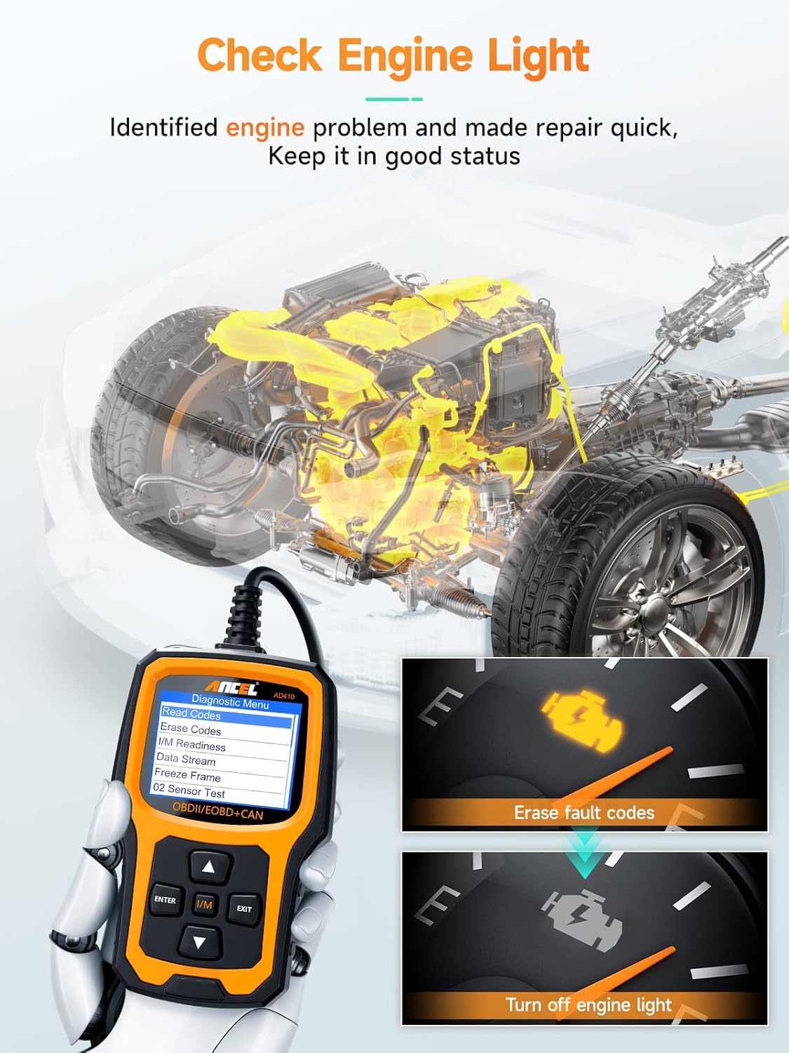 ANCEL AD410 Enhanced OBD2 Scanner Live Data Car Code Reader Clear Fault Codes Instantly, Automotive OBD 2 Fault Diagnostic Scan Tool for All OBDII Vehicles 1996+, Black/Yellow