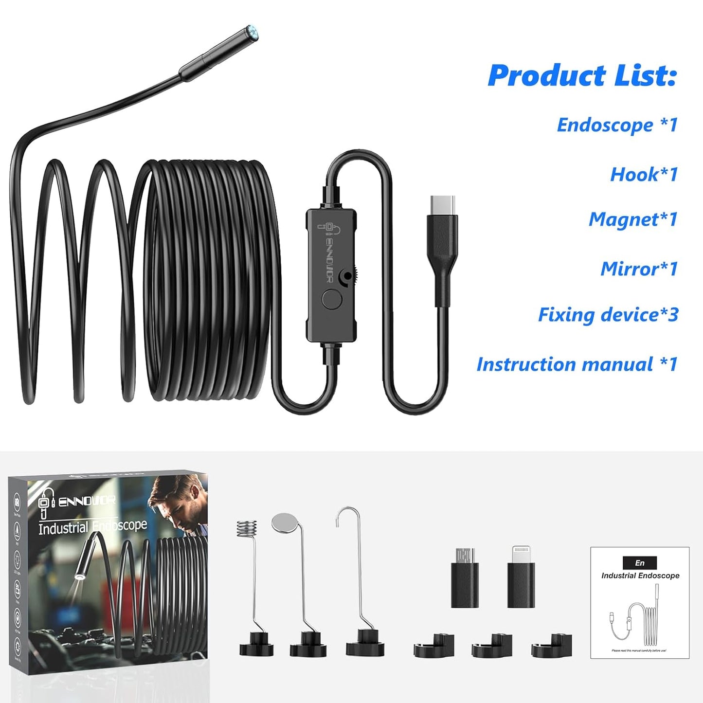 Endoscope Inspection Camera, 1920P Flexible Rigid Endoscope, 8 LED Borescope, USB No WiFi Snake Camera, Waterproof IP67 Tube Sink Pipe Drain Cameras, for Android iOS iPhone iPad Samsung,16.5FT