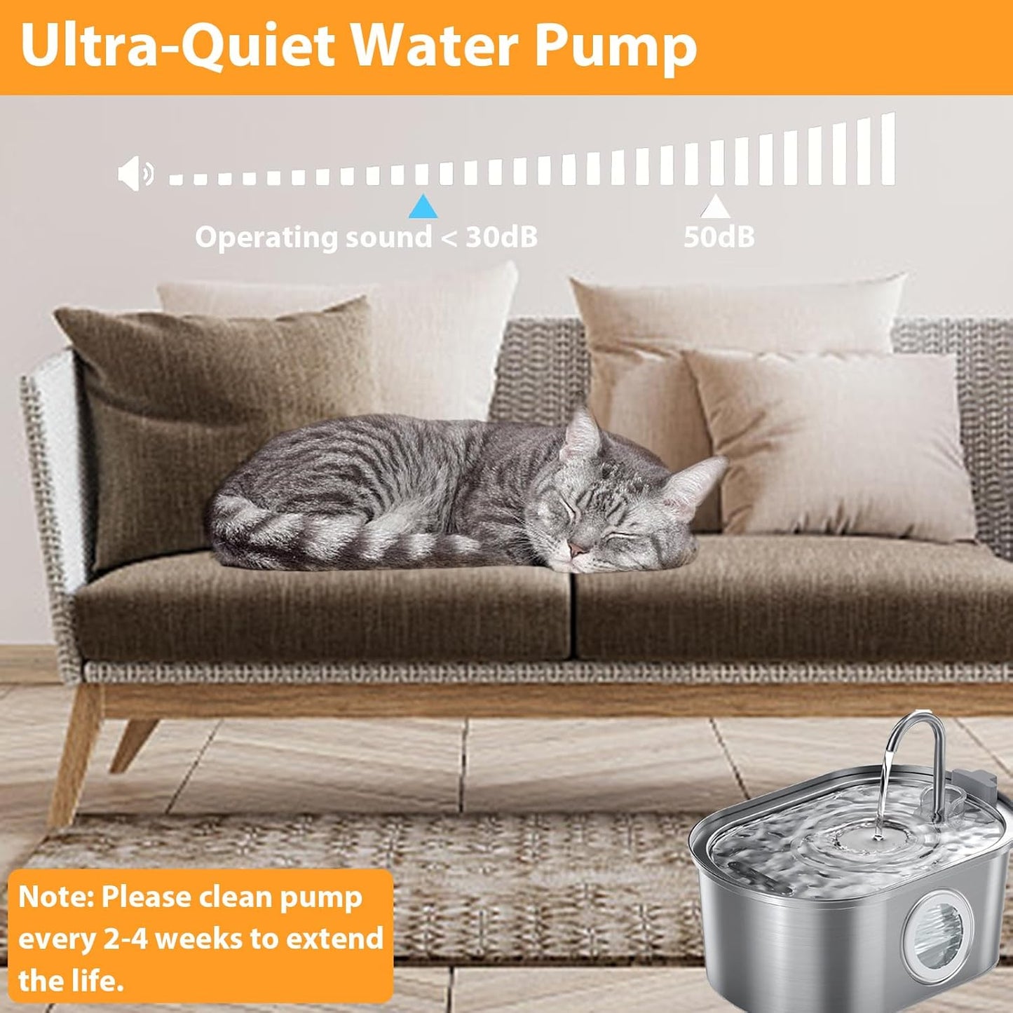 Cat Water Fountain 3.2L/108oz with Quiet Pump, Automatic Stainless Steel Pet Water Fountain for Cats Dogs(Transparent Window)