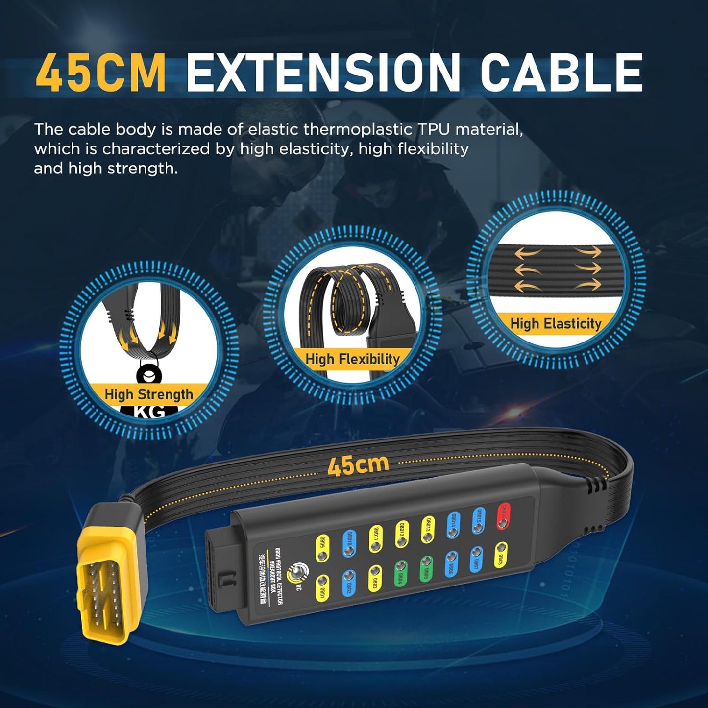 OBD2 Breakout Box, Automotive OBDII Protocol Detector Communication/Power/Ground Detection Breakout Box 16-Pin CAN 17.7 inches Cable Fault Diagnosis Scan Tool with Universal Wire Jumper and Clips
