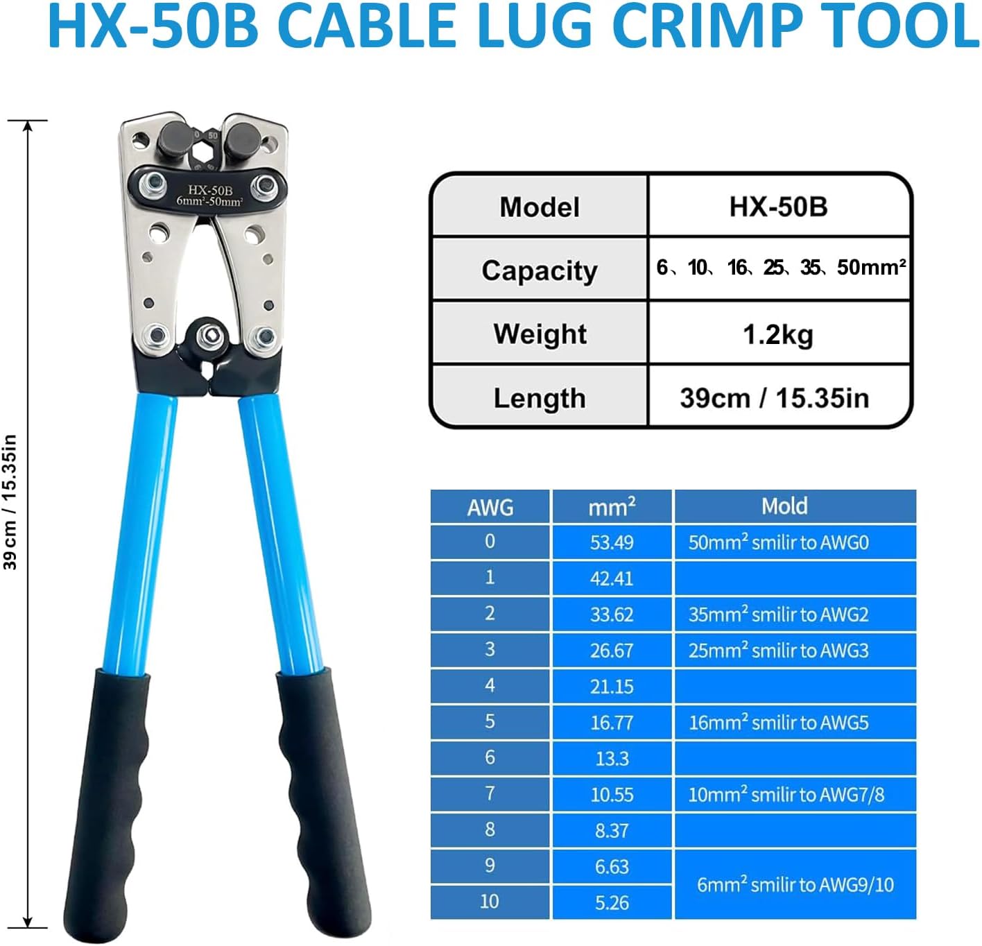 Battery Cable Lug Crimping Tool for Heavy Duty Wire Lugs, Battery Terminal 6-50mm², Wire Crimper for AWG 10-1/0 Electrical Lug
