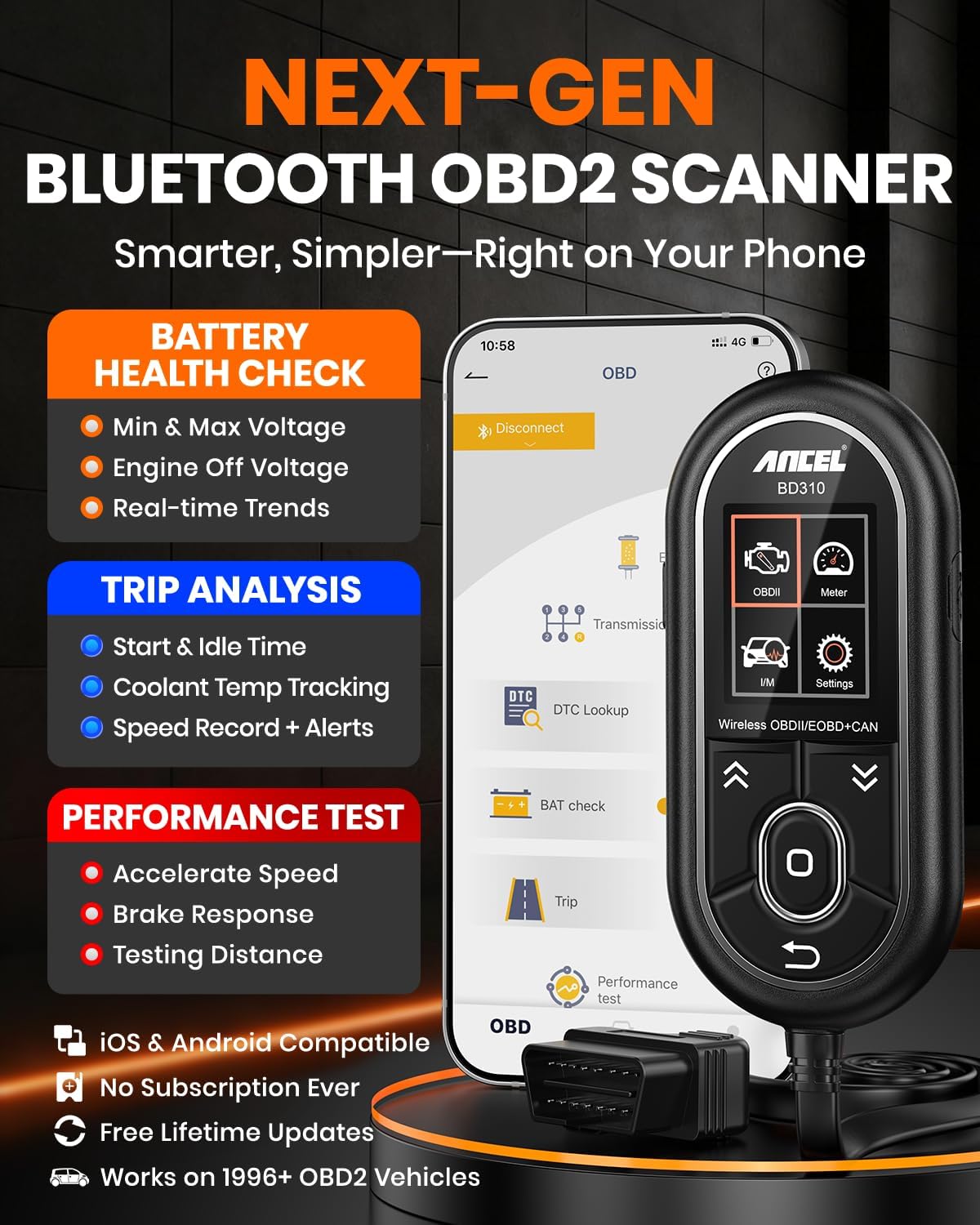 ANCEL BD310 Bluetooth OBD2 Scanner & Advanced Battery Test, Engine Code Reader with Trip Analysis, Performance Test, Wireless Diagnostic Tool for Android & iPhone - Works for All 1996+ Vehicles