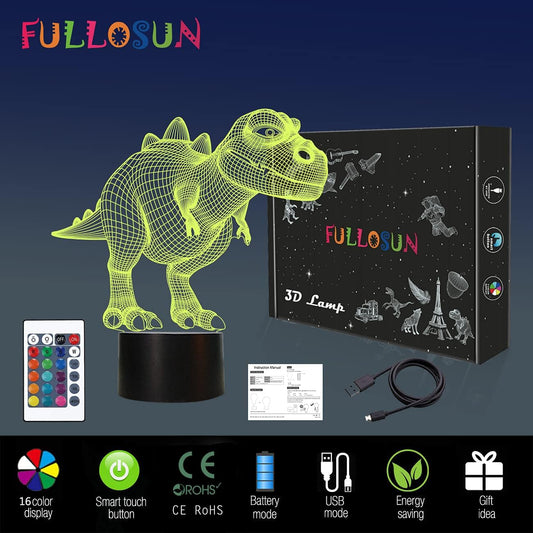 FULLOSUN 3D Dinosaur Bedside Lamp, T-rex Illusion Led Night Light 16 Colors Changing Remote Control Novelty Child's Room Decor Xmas Birthday Presents for Kids Baby Boy