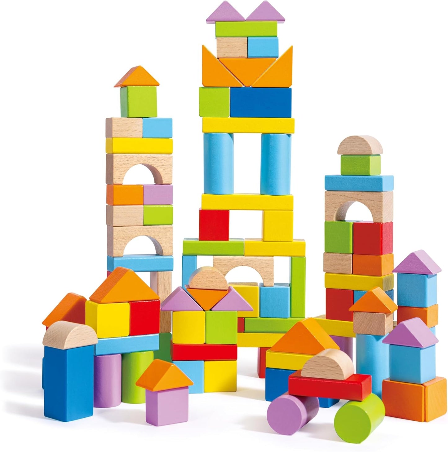Hape Educational Wooden Beech Blocks Set – 101-Piece Toy for Babies and Toddlers 12+ Months – Shape, Colour and Creativity Development – Includes Sorting Lid and Storage Box
