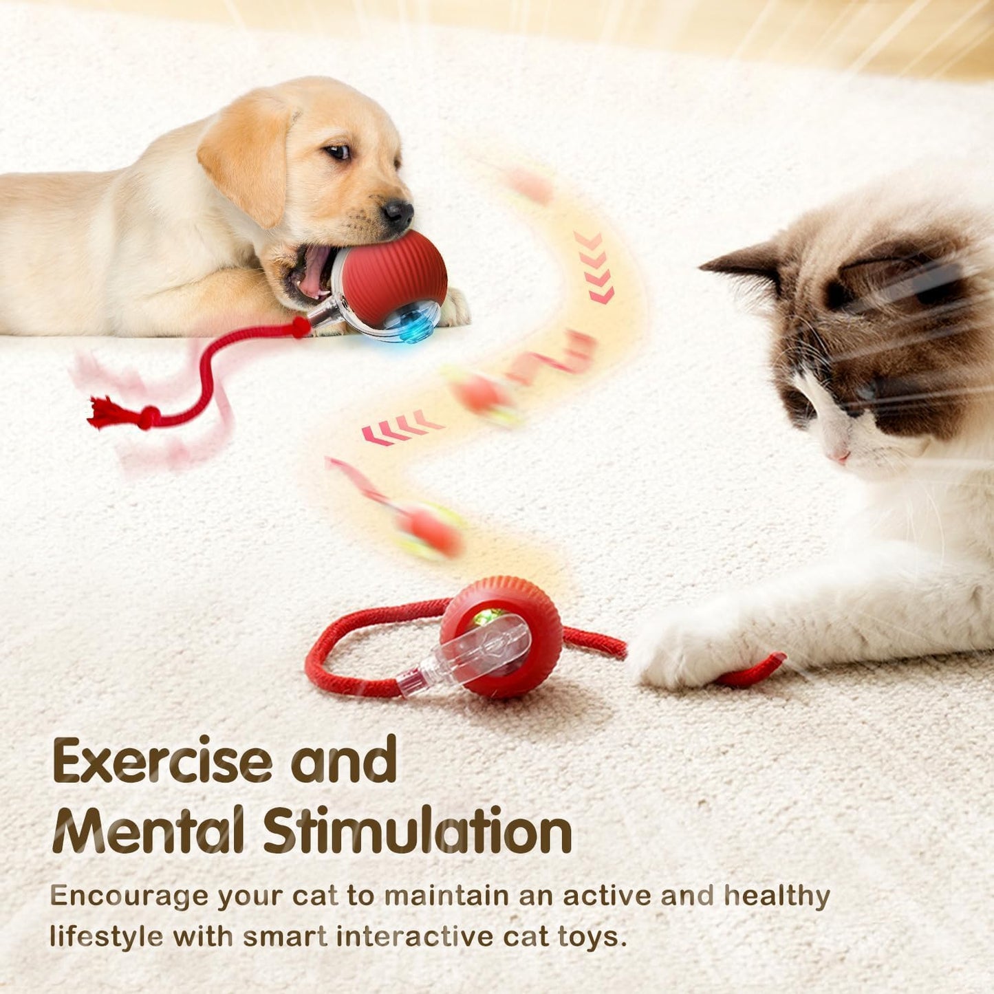 Interactive Electric Automatic Rolling Moving USB Rechargeable Self Activated Play Stimulation Toy Smart Chase Teaser Ball with Rope for Bored Adult Indoor Kitten & Cat and Puppy & Dog, Red