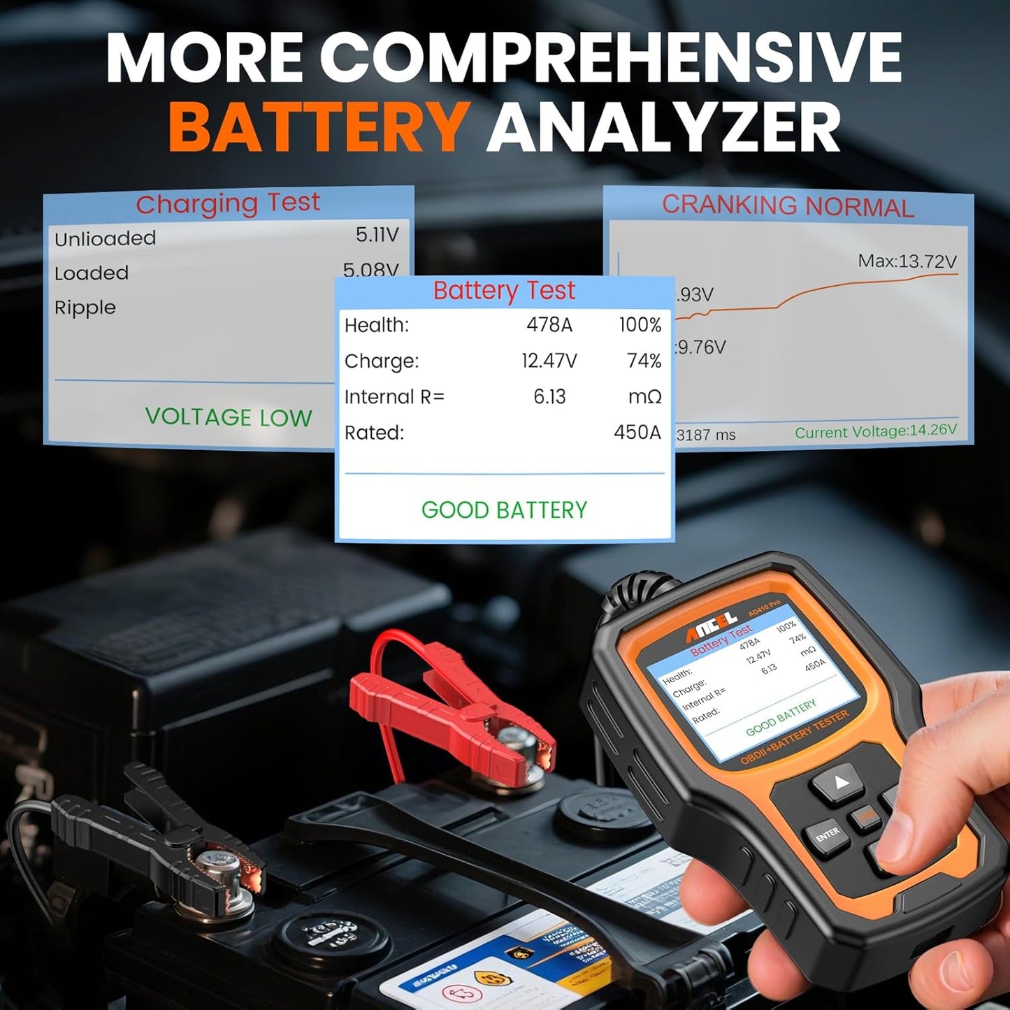 ANCEL AD410 Pro 2-in-1 OBD2 Scanner and Battery Tester, OBD II Scanner Diagnostic Tool Check Engine Car Code Reader Scan Tool & 6V/12V Battery Analyzer Charging Cranking Test EVAP Live Data