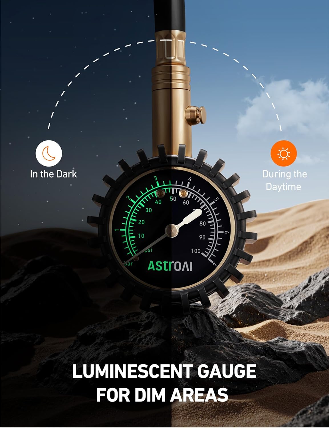 AstroAI Tire Pressure Gauge, 100 PSI Heavy Duty, Certified ANSI B40.1 Accurate with Large 2" Easy to Read Glow Dial, Durable Rubber Hose and Solid Brass Construction for Car Truck Motorcycle Tire