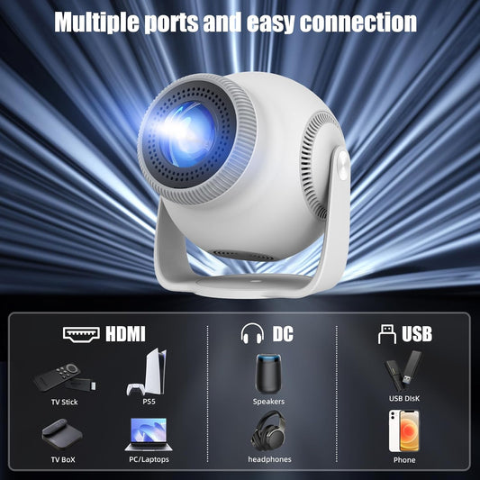 Mini Projector with 4K & 8K 1080 FHD, Portable Projector with Android 14, 5G WiFi 6 and Bluetooth 5.4, 270° Rotation, Smart Projector with HDMI/USB/DC, Automatic Horizontal Keystone Correction