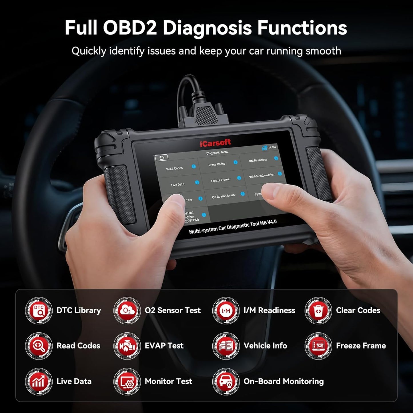 iCarsoft MB V4.0 Bidirectional Diagnostic Tool for Mercedes-Benz/Sprinter/Smart and 2 Extra Brands 38 Resets+26 Extra Service, 10 OBD2 Modes, Full System Scanner Battery Test/4-in-1 Live Data/Auto VIN