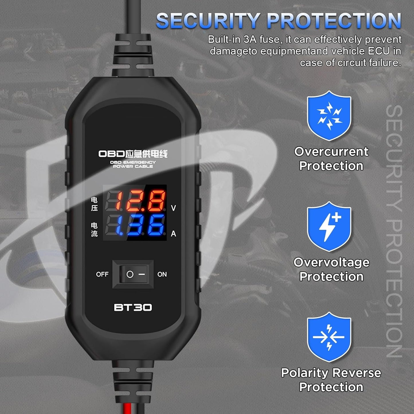 OBD2 Vehicle ECU Emergency Power Supply Cable, OBD-II Car Memory Saving Cable, OBD Emergency Power Cable with Overcurrent Protection, Overvoltage Protection, Reverse Polarity Protection