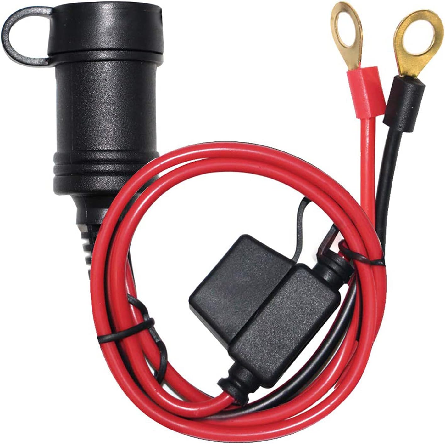 12V Adapter Plug Socket Auto Cigarette Lighter with Cap to Eyelet O Terminal 3ft (1pack) Charging Cable 10A Car Fuse 24volt RingTerminals 16AWG Heavy Duty Cord