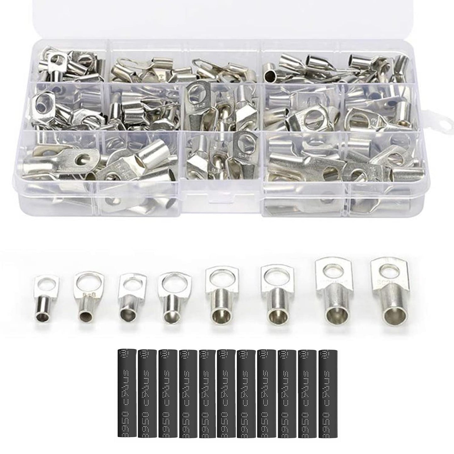 220PCS Battery Cable Lugs Kit, Tinned Copper Crimp Terminals Connector Set with Heat Shrink Tubing – DIN 46234 Compliant Cable Lug, Wire Lugs, Electrical Connectors for Automotive Marine Electrical