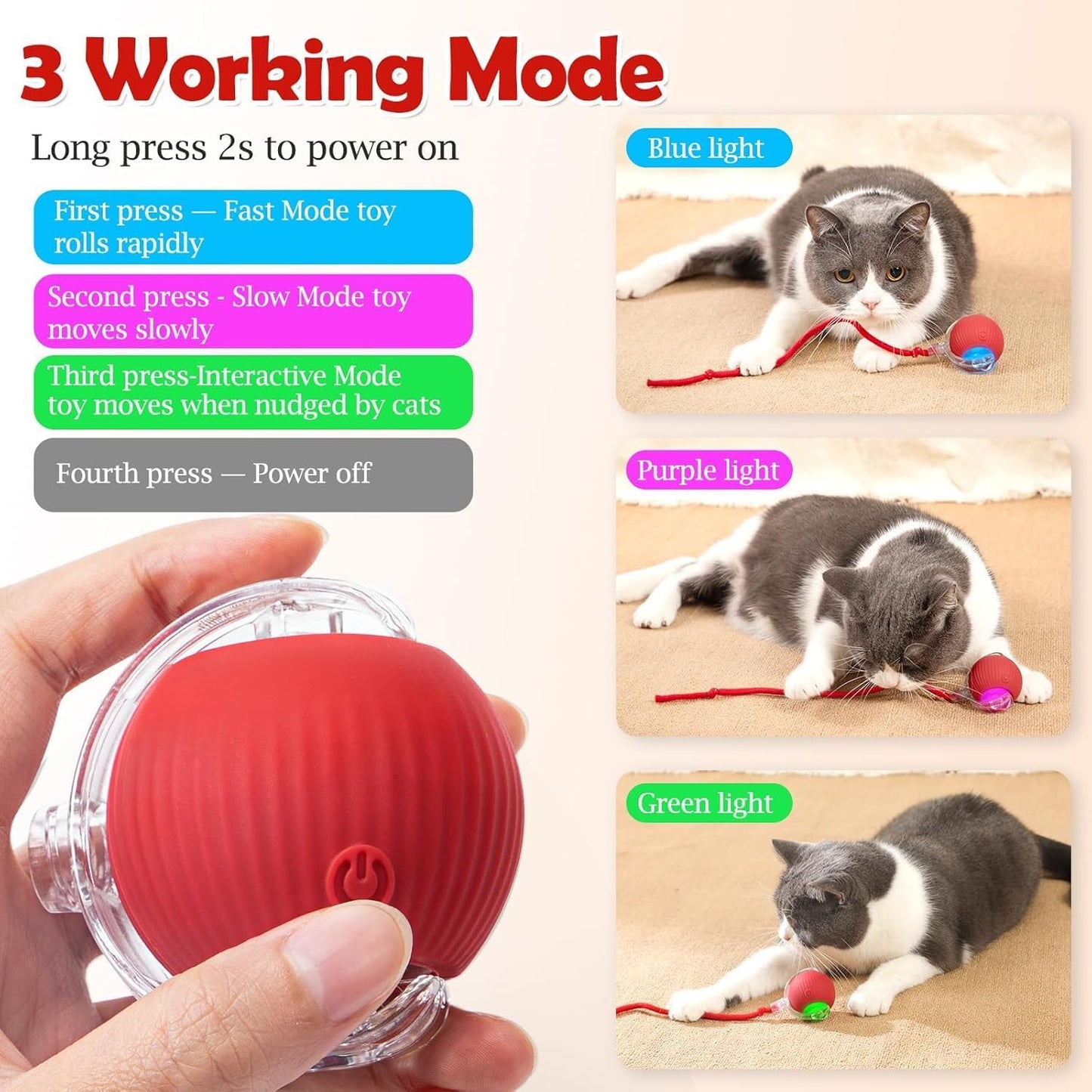 Interactive Electric Automatic Rolling Moving USB Rechargeable Self Activated Play Stimulation Toy Smart Chase Teaser Ball with Rope for Bored Adult Indoor Kitten & Cat and Puppy & Dog, Red