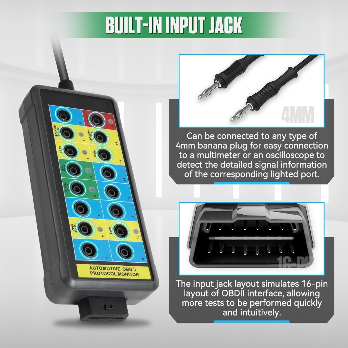OBD2 Breakout Box Powerful OBDII Protocol Detector Communication/Power/Ground Detection Breakout Box 16-Pin CAN Breakout Box Automotive with OBD2 Scanner Connector, 4mm Banana Jack, 35-inch Cable