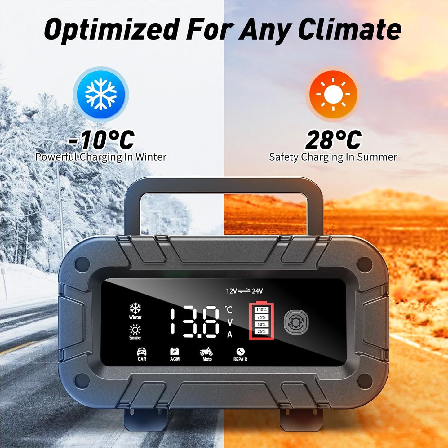 10-Amp Car Battery Charger, 12V/24V Smart Battery Charger Automotive Battery Maintainer with Pulse Repair, Trickle Charger for Car Truck Motorcycle Lawn Mower Boat (red, Black)