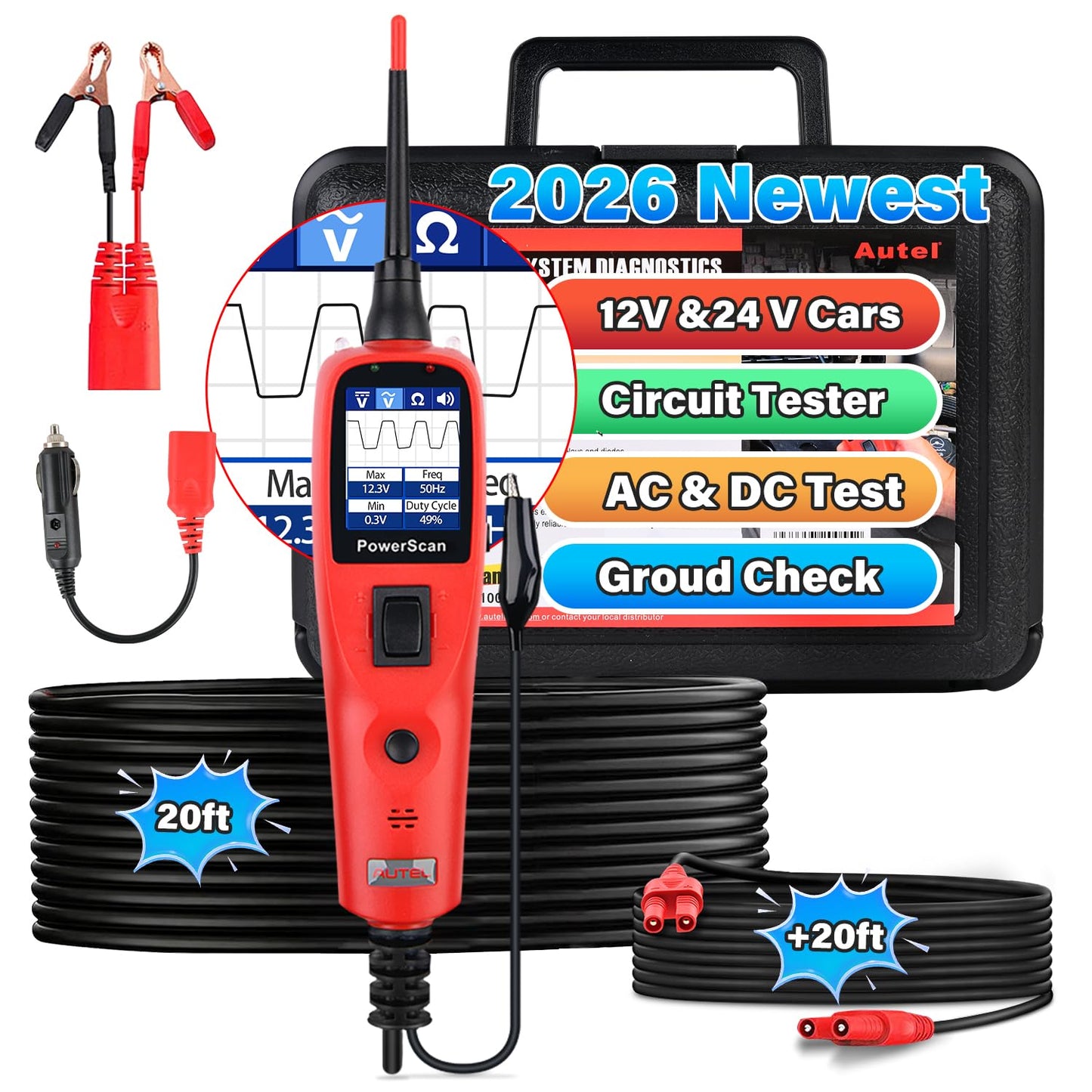 Autel PowerScan PS100 Automotive Circuit Tester, Power Circuit Probe Tool, 12-24V Electrical Short Open Breaker Circuit Finder, Digital Multimeter/Relay & Diode Resistance Tool Kit w/ 20FT Long Cord