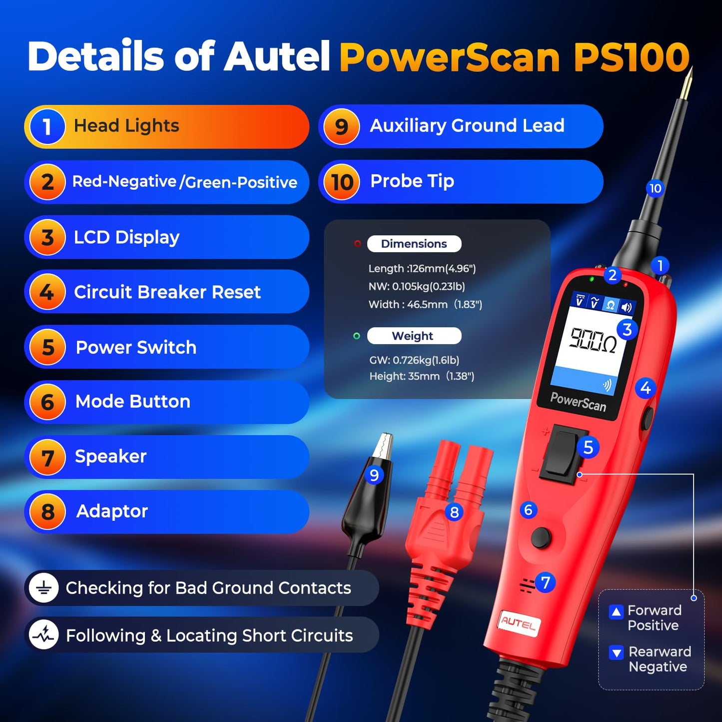 Autel PowerScan PS100 Automotive Circuit Tester, Power Circuit Probe Tool, 12-24V Electrical Short Open Breaker Circuit Finder, Digital Multimeter/Relay & Diode Resistance Tool Kit w/ 20FT Long Cord
