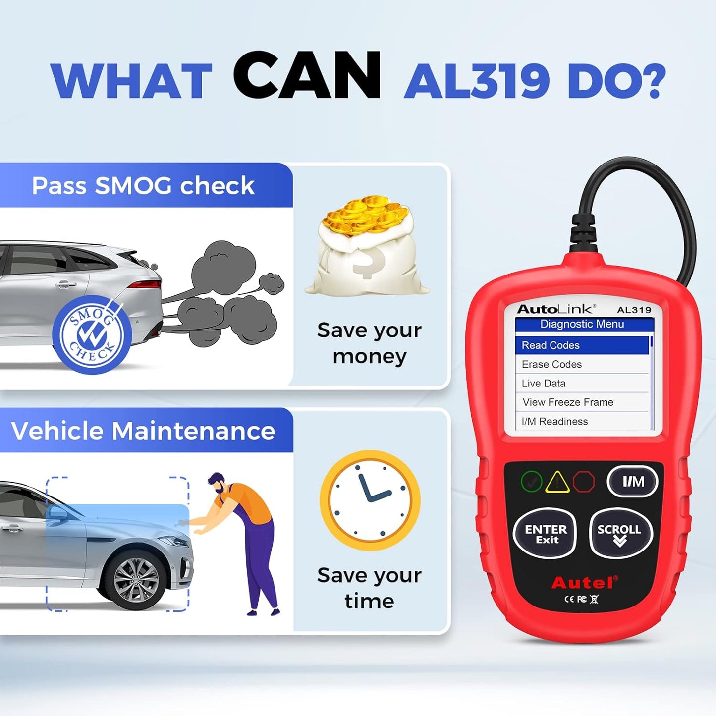Autel Professional OBD2 Scanner AL319 Code Reader, Enhanced Check and Reset Engine Fault Code, Live Data, Freeze Frame, CAN Car Diagnostic Scan Tools for All OBDII Vehicles After 1996, 2025 Upgraded