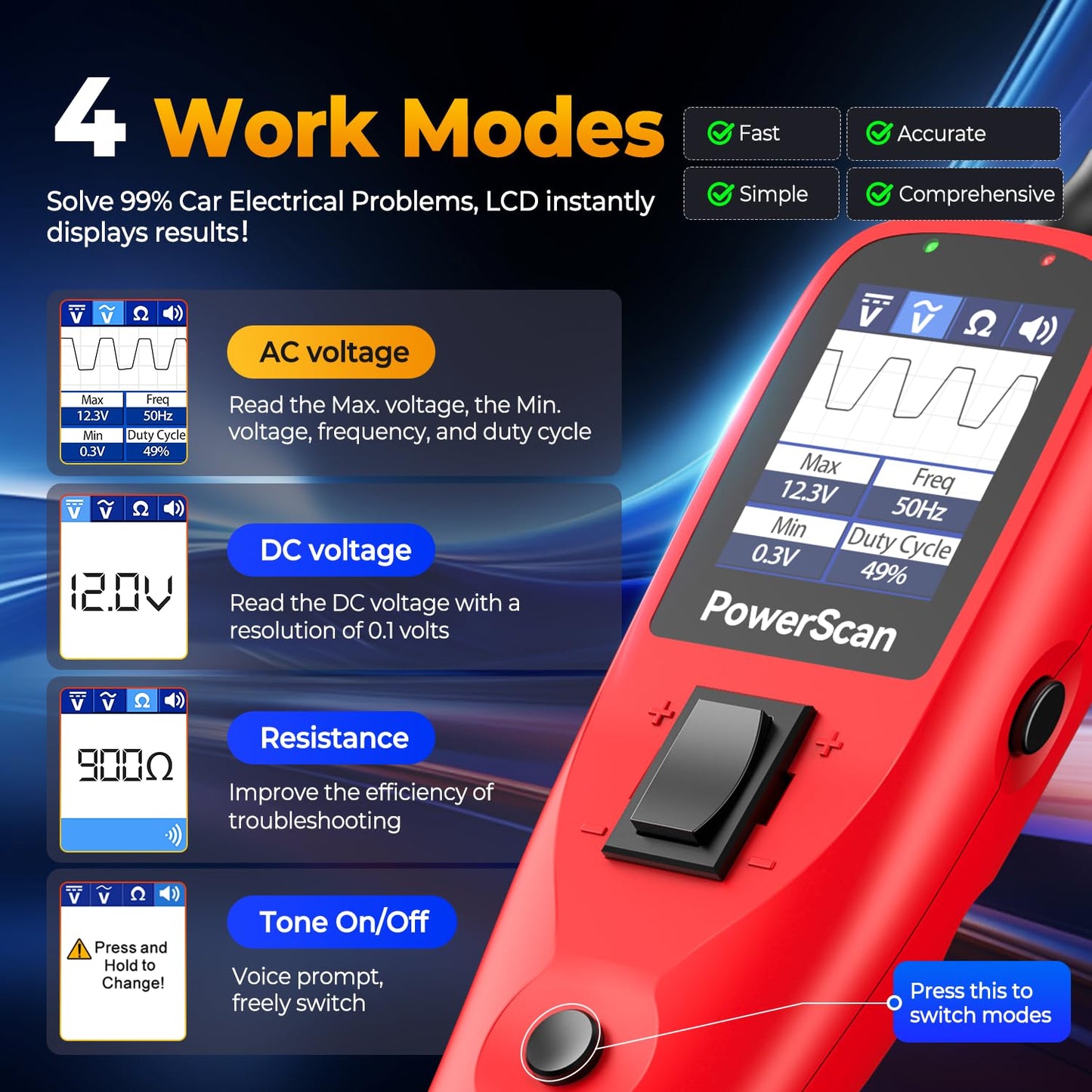 Autel PowerScan PS100 Automotive Circuit Tester, Power Circuit Probe Tool, 12-24V Electrical Short Open Breaker Circuit Finder, Digital Multimeter/Relay & Diode Resistance Tool Kit w/ 20FT Long Cord