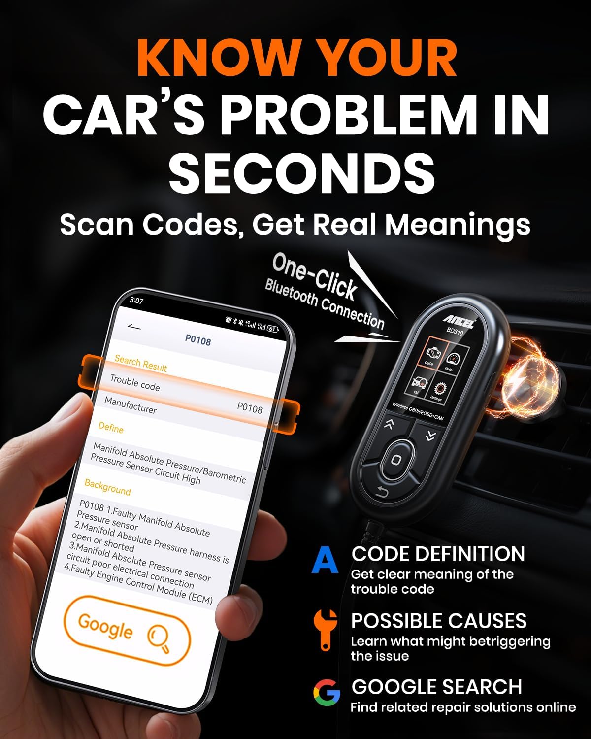 ANCEL BD310 Bluetooth OBD2 Scanner & Advanced Battery Test, Engine Code Reader with Trip Analysis, Performance Test, Wireless Diagnostic Tool for Android & iPhone - Works for All 1996+ Vehicles