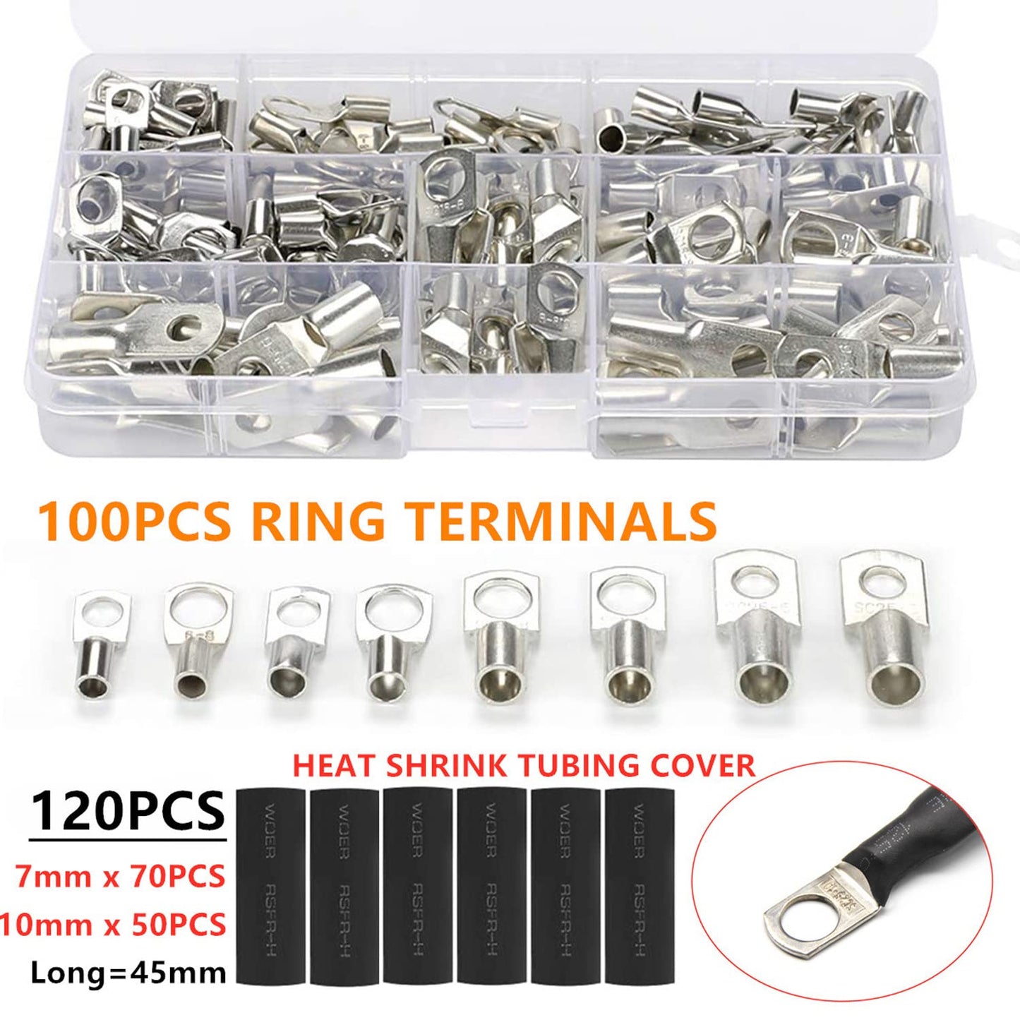 220PCS Battery Cable Lugs Kit, Tinned Copper Crimp Terminals Connector Set with Heat Shrink Tubing – DIN 46234 Compliant Cable Lug, Wire Lugs, Electrical Connectors for Automotive Marine Electrical
