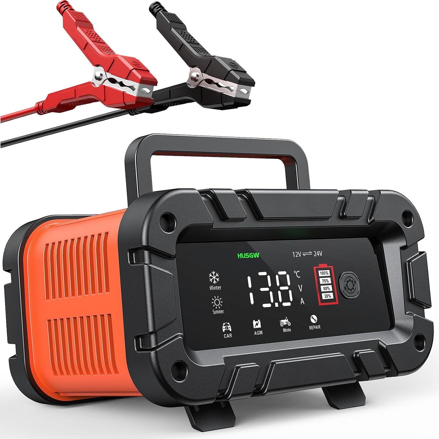 10-Amp Car Battery Charger, 12V/24V Smart Battery Charger Automotive Battery Maintainer with Pulse Repair, Trickle Charger for Car Truck Motorcycle Lawn Mower Boat (red, Black)