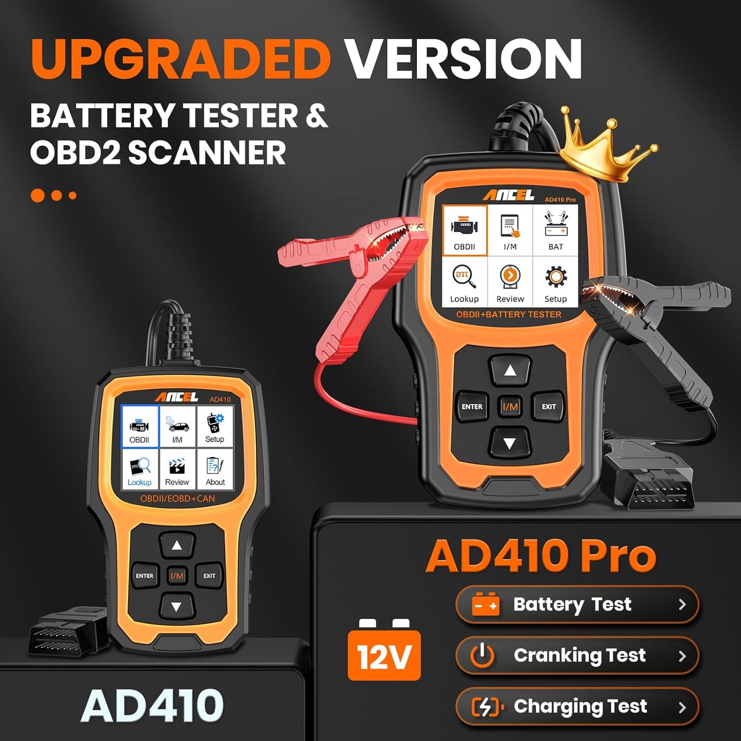 ANCEL AD410 Pro 2-in-1 OBD2 Scanner and Battery Tester, OBD II Scanner Diagnostic Tool Check Engine Car Code Reader Scan Tool & 6V/12V Battery Analyzer Charging Cranking Test EVAP Live Data