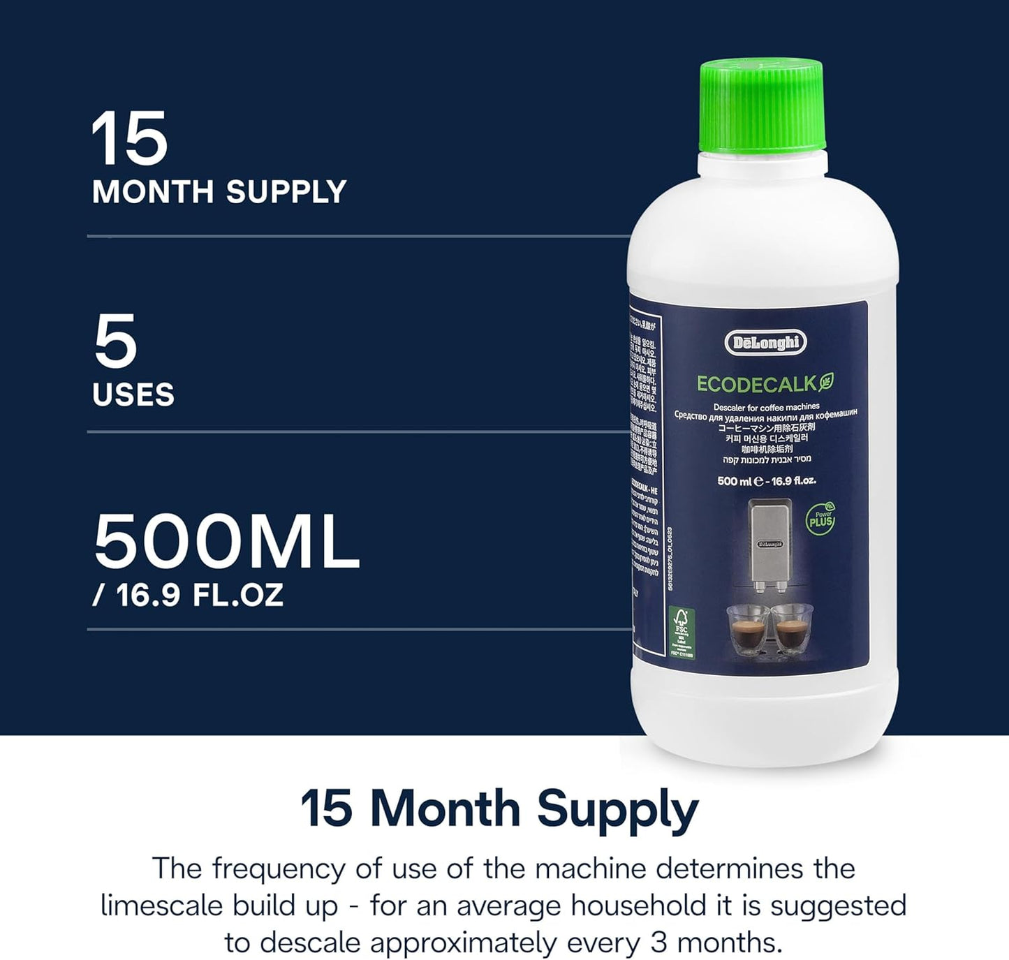 De'Longhi | EcoDecalk | DLSC500 | Natural Descaler For Coffee Machines | 500ML Pack