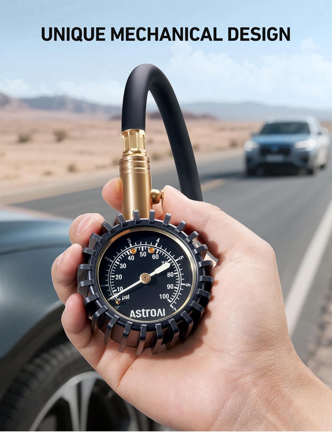 AstroAI Tire Pressure Gauge, 100 PSI Heavy Duty, Certified ANSI B40.1 Accurate with Large 2" Easy to Read Glow Dial, Durable Rubber Hose and Solid Brass Construction for Car Truck Motorcycle Tire