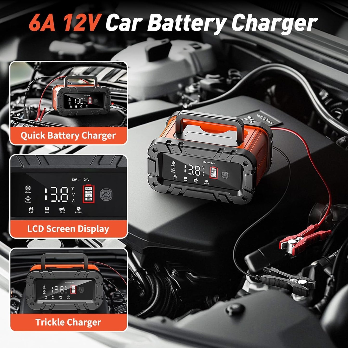 10-Amp Car Battery Charger, 12V/24V Smart Battery Charger Automotive Battery Maintainer with Pulse Repair, Trickle Charger for Car Truck Motorcycle Lawn Mower Boat (red, Black)