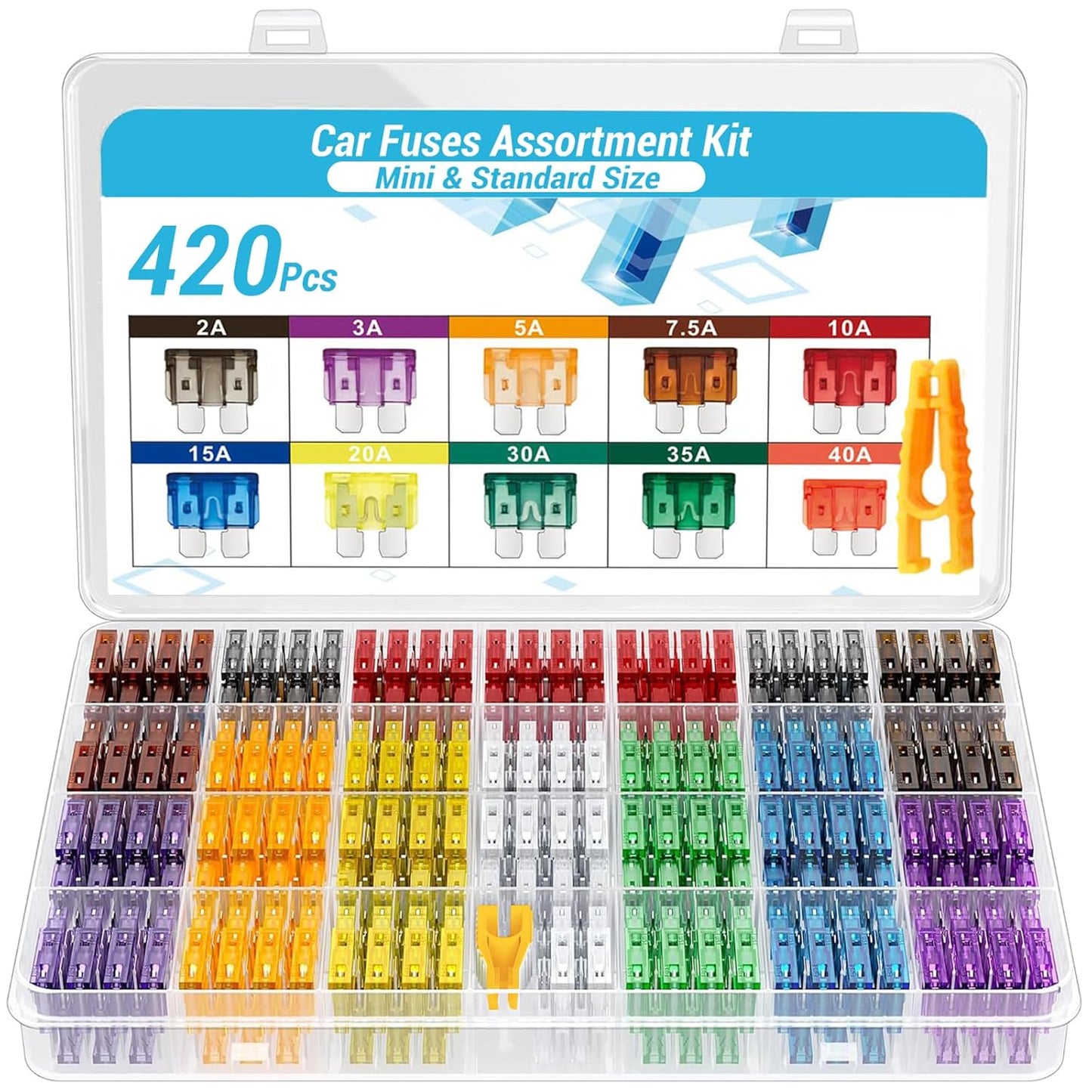 Car Fuses Kit - 420pcs Automotive Fuse Assortment, Auto Blade Fuse Assorted Set - 2A 3A 5A 7.5A 10A 15A 20A 25A 30A 35A 40A, Replacement Tool for Boat Motorcycle RV Trike SUV Marine Truck