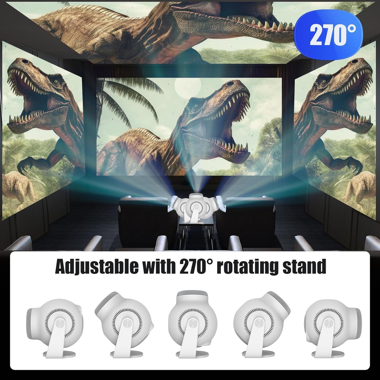 Mini Projector with 4K & 8K 1080 FHD, Portable Projector with Android 14, 5G WiFi 6 and Bluetooth 5.4, 270° Rotation, Smart Projector with HDMI/USB/DC, Automatic Horizontal Keystone Correction