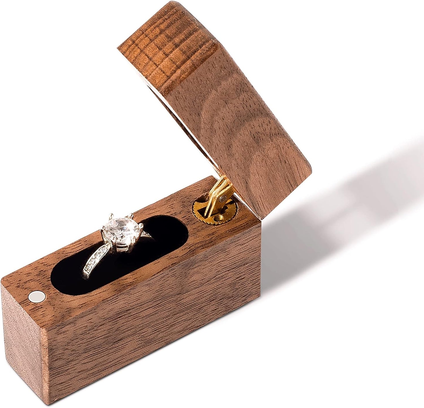 Wooden Engagement Ring Box Small Slim Flat Ring Case for Proposal,Wedding (Walnut Wood)