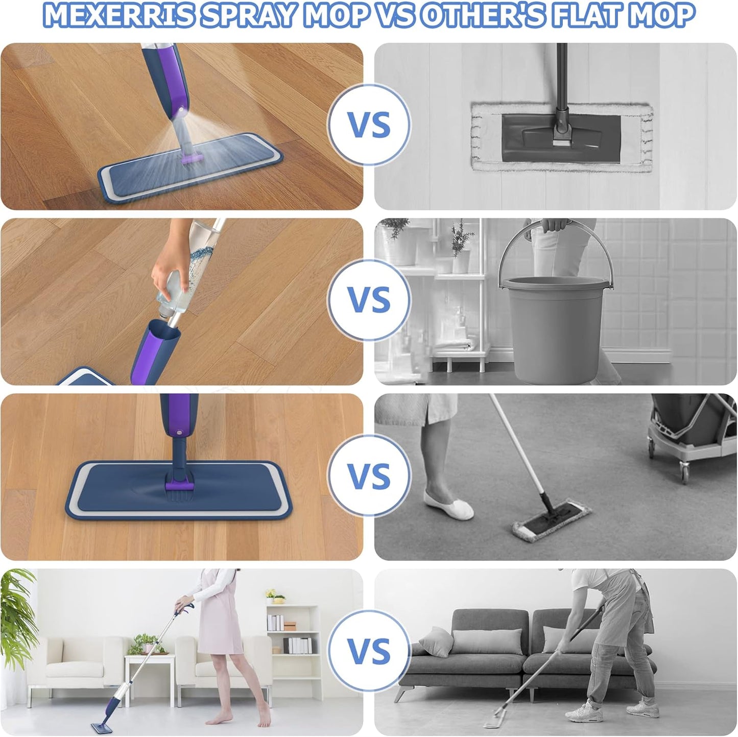 Spray Mops Wet Dry Mops for Floor Cleaning - MEXERRIS Microfiber Hardwood Floor Mop with Spray Dust Flat Mop with 2 Bottle 4 Pads for Cleaning Laminate Wood Vinyl Tiles Hardwood