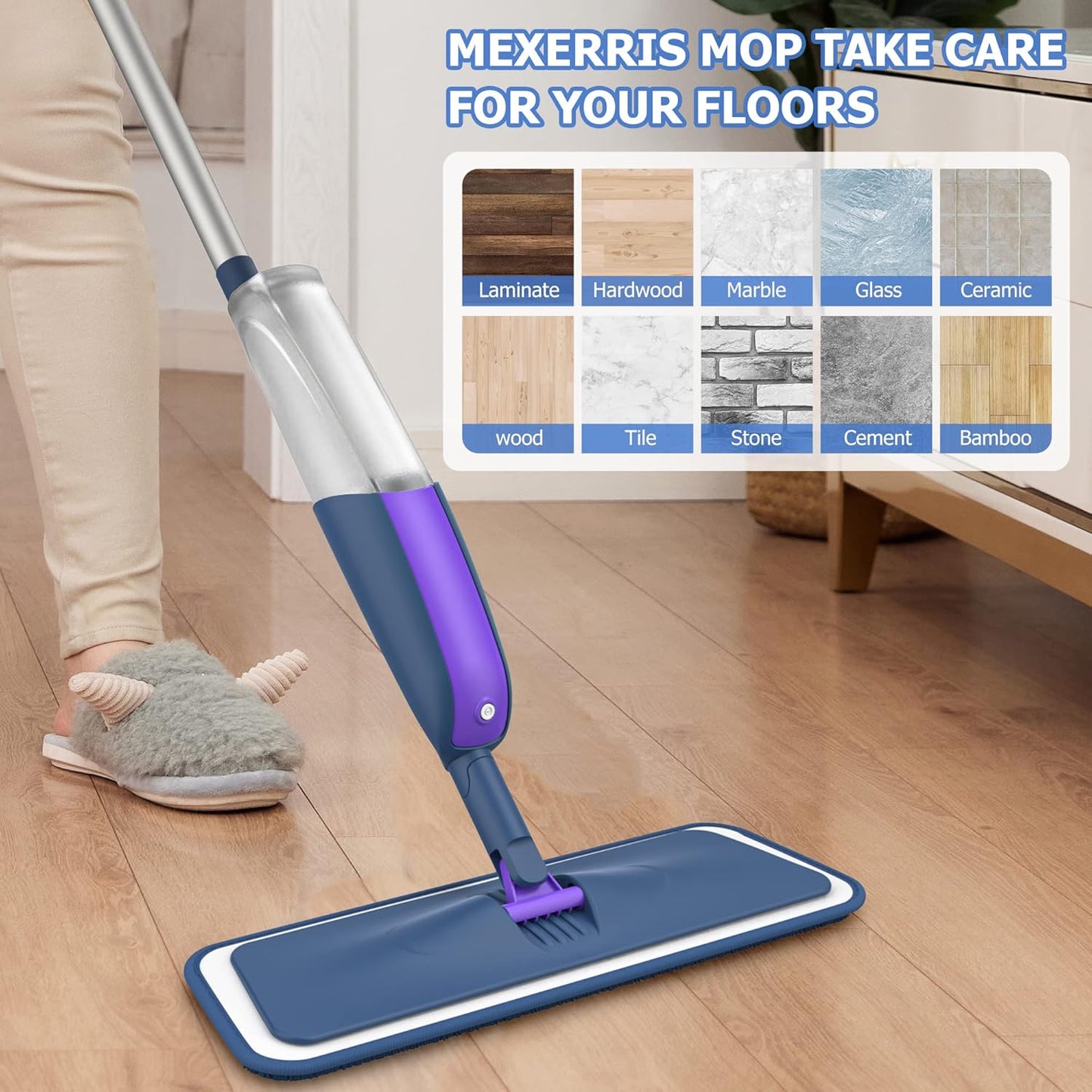 Spray Mops Wet Dry Mops for Floor Cleaning - MEXERRIS Microfiber Hardwood Floor Mop with Spray Dust Flat Mop with 2 Bottle 4 Pads for Cleaning Laminate Wood Vinyl Tiles Hardwood