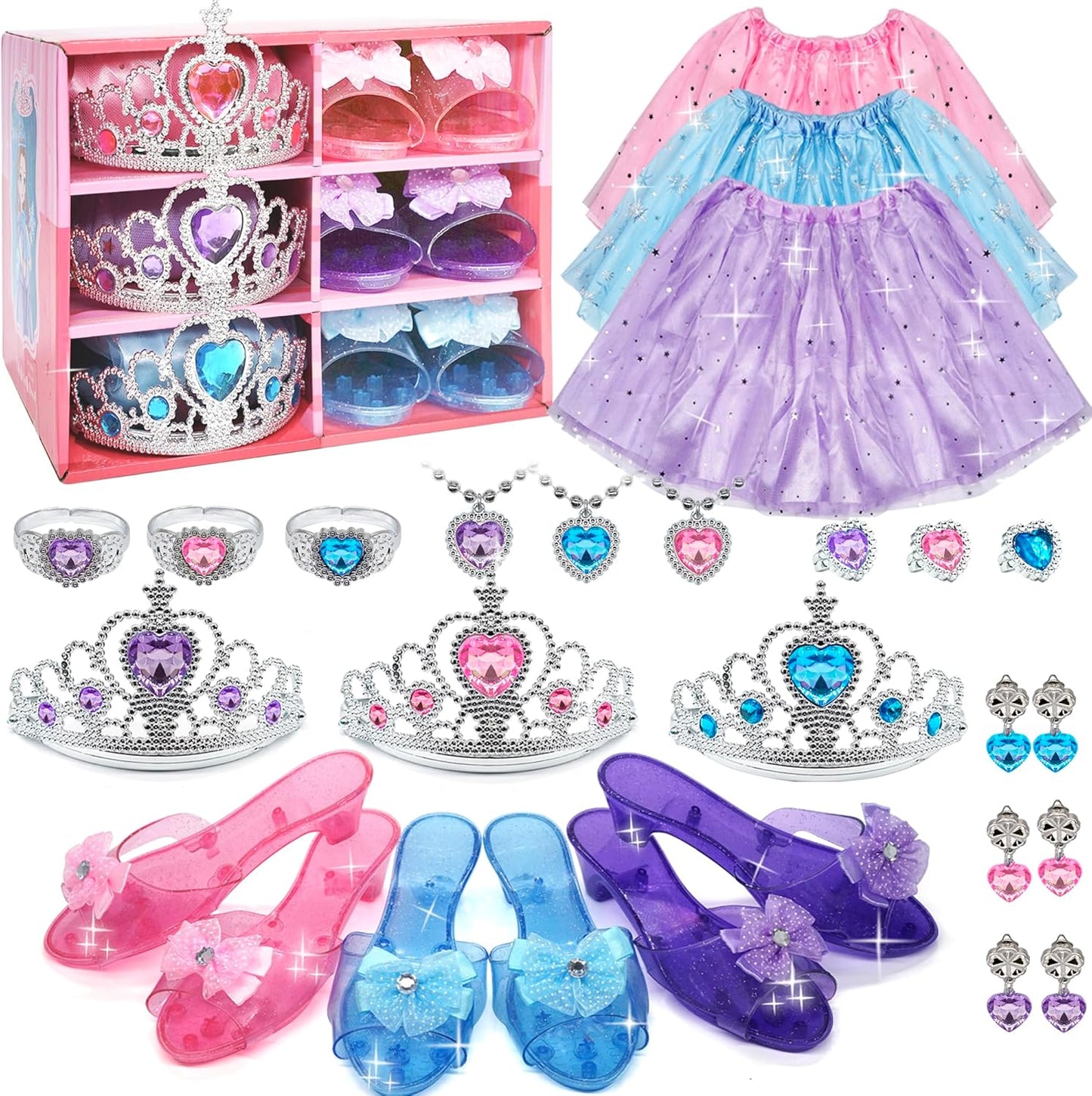 Princess Dress Up Girls Clothes - Toddlers Costume with Skirts, Shoes, Crown & Play Jewelry, Princess Toys for Girls Age 3,4,5,6 Year Old, Kids Shoes Role Play Gift Idea for Birthday Christmas